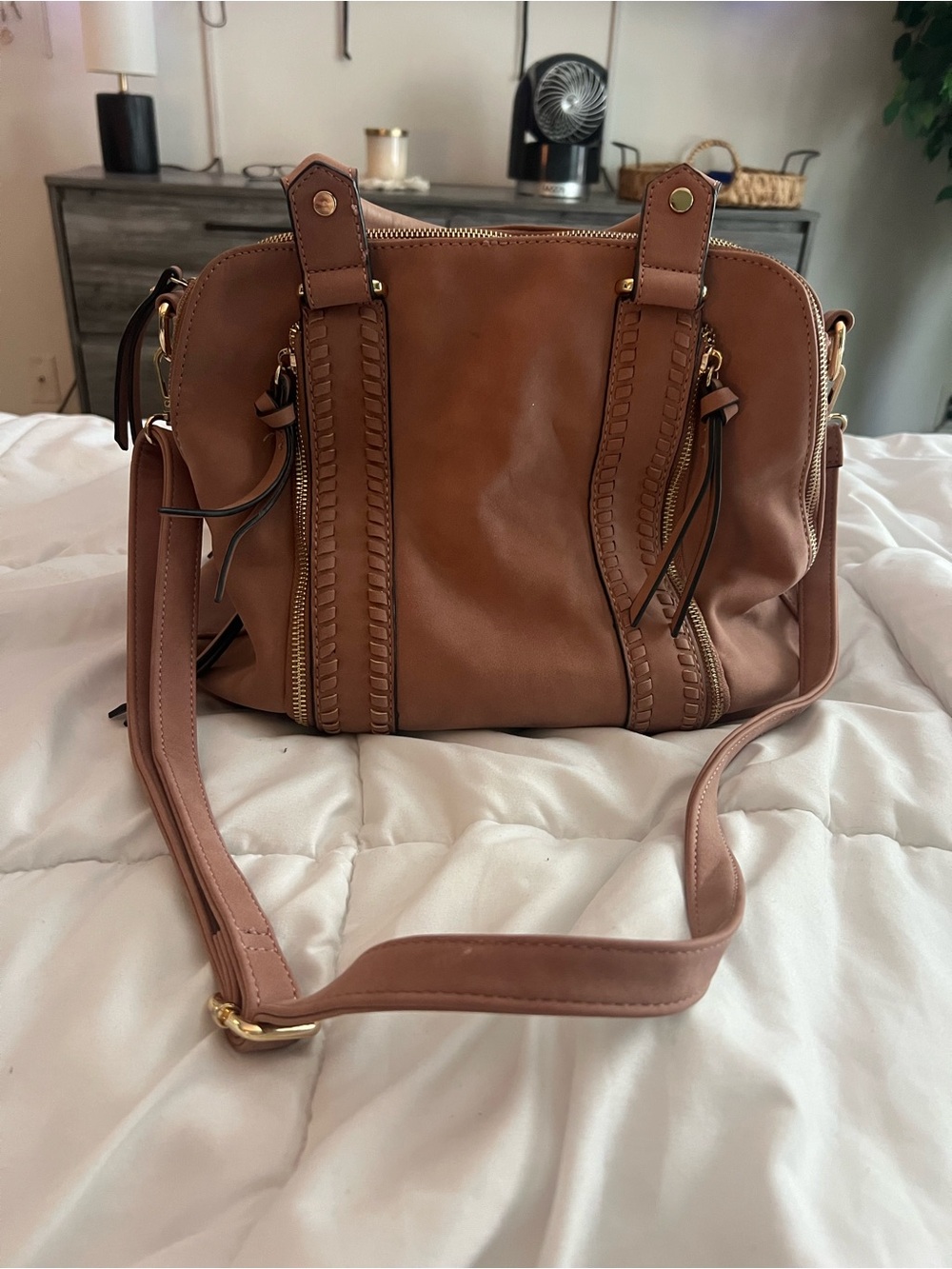 Mauve suede faux Leather Shoulder Bag with Braided Trim